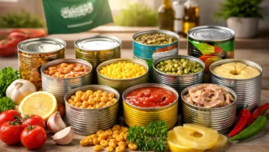 معلبات محلية ومستوردة متنوعة معروضة في مطبخ منزلي داخل السوق السعودي
