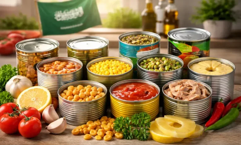 معلبات محلية ومستوردة متنوعة معروضة في مطبخ منزلي داخل السوق السعودي