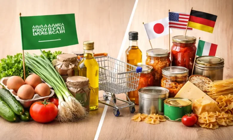 مقارنة بصرية بين منتجات محلية وأخرى مستوردة على طاولة تسوق داخل سوبرماركت في السعودية