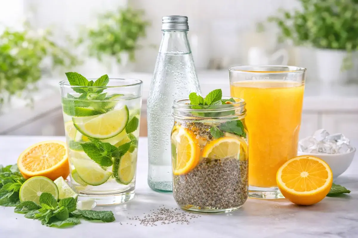 أنواع مشروبات قليلة السعرات تشمل ماء منكه وشرائح ليمون ومشروب منخفض السعرات في مطبخ منزلي بإضاءة طبيعية