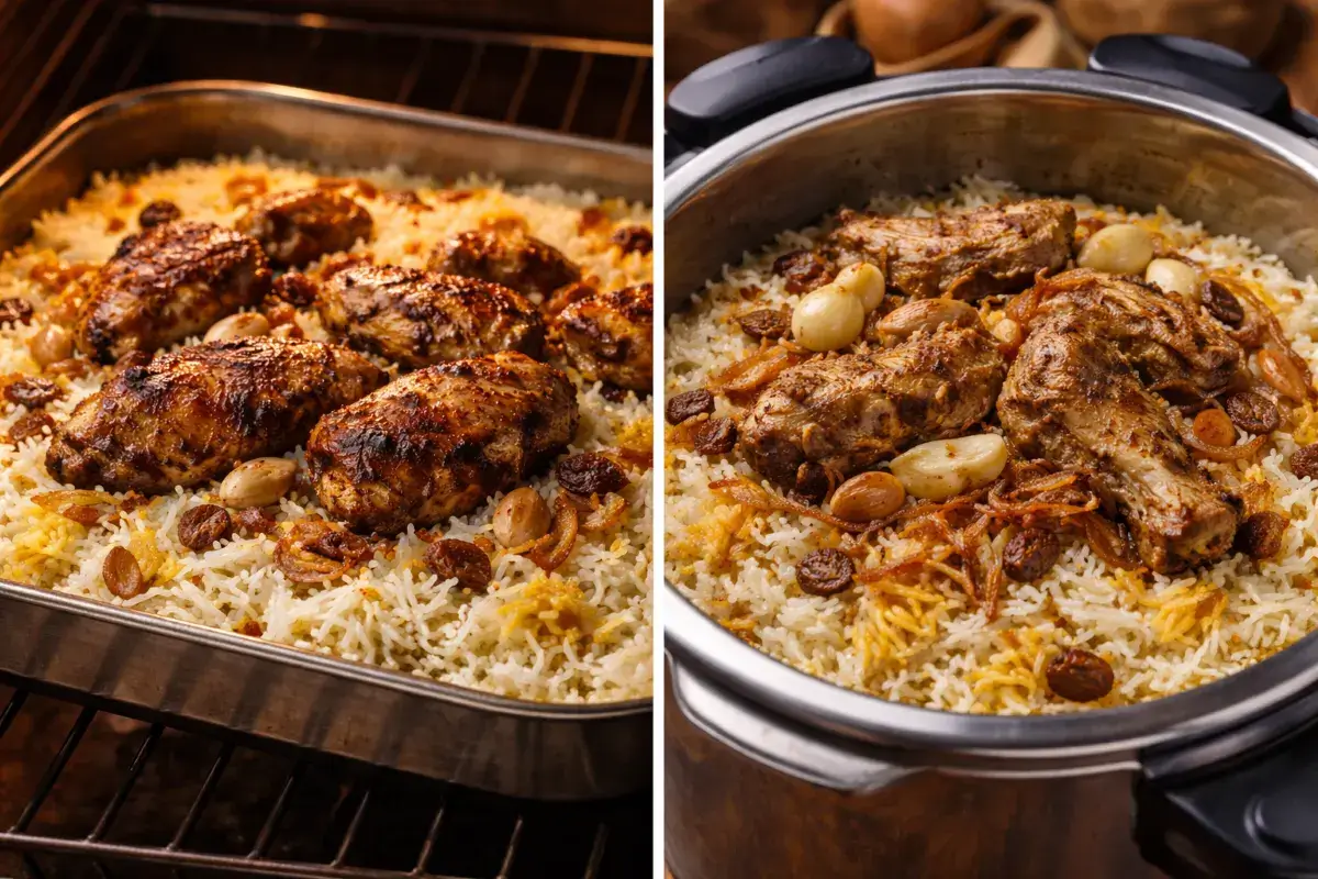 مقارنة قوام أرز المندي عند الطهي في الفرن وقدر الضغط