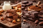 مقارنة بصرية بين شوكولاتة الحليب والشوكولاتة الداكنة من حيث اللون والمكونات