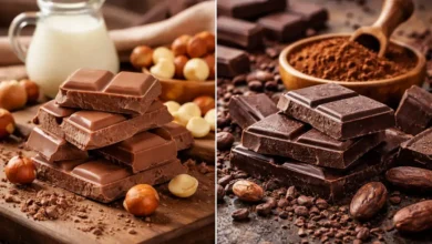 مقارنة بصرية بين شوكولاتة الحليب والشوكولاتة الداكنة من حيث اللون والمكونات
