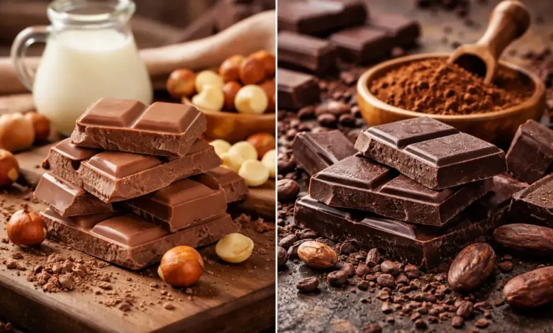 مقارنة بصرية بين شوكولاتة الحليب والشوكولاتة الداكنة من حيث اللون والمكونات