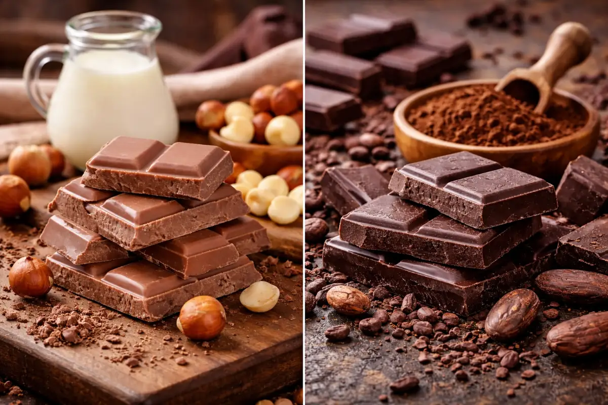 مقارنة بصرية بين مكونات شوكولاتة الحليب والشوكولاتة الداكنة