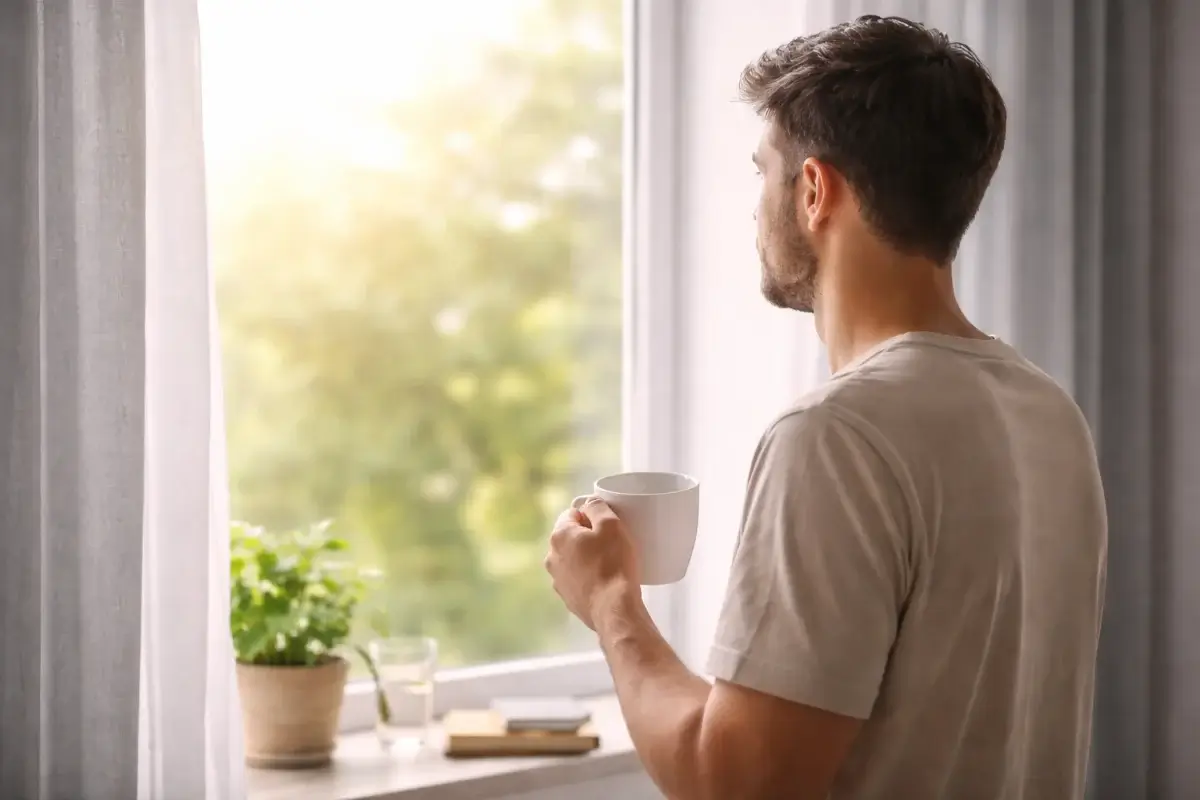 شخص يقف قرب نافذة في الصباح يتأمل بهدوء مع كوب مشروب دافئ