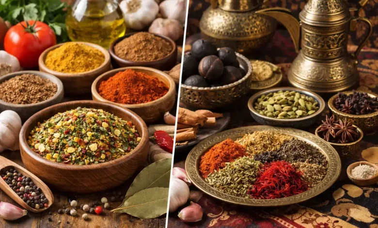 مقارنة بصرية بين خلطات بهارات متعددة الاستخدام وخلطات بهارات متخصصة في المطبخ السعودي