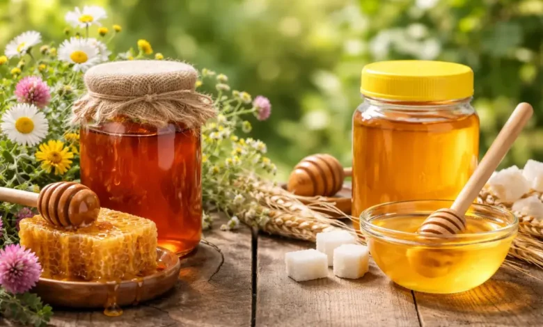 مقارنة بصرية بين العسل الطبيعي والعسل التجاري من حيث الشكل والقوام