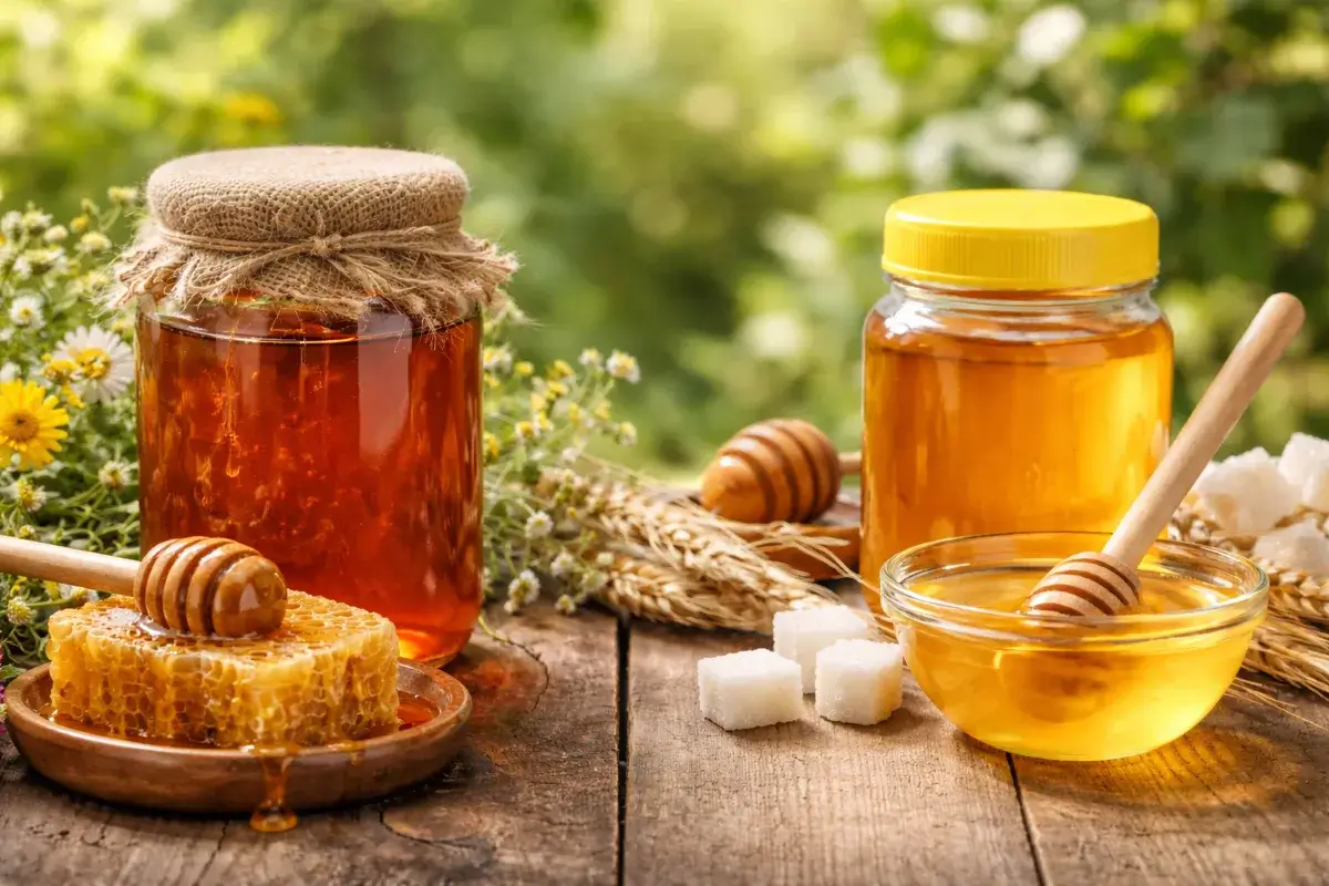 مقارنة بصرية بين العسل الطبيعي والعسل التجاري من حيث اللون والقوام