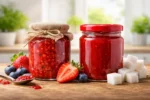 مقارنة بصرية بين المربى الطبيعية والمربى الصناعية على طاولة مطبخ