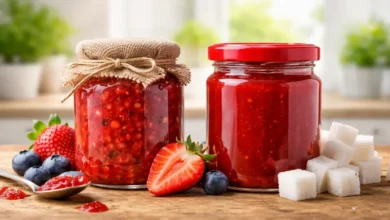 مقارنة بصرية بين المربى الطبيعية والمربى الصناعية على طاولة مطبخ
