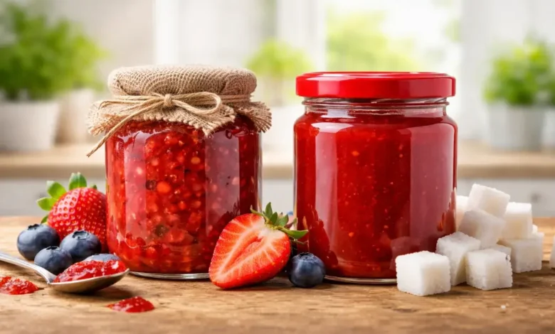 مقارنة بصرية بين المربى الطبيعية والمربى الصناعية على طاولة مطبخ