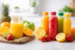 مقارنة بصرية بين عصير طبيعي طازج وفواكه طازجة مقابل عصائر جاهزة معبأة على طاولة مطبخ بإضاءة طبيعية