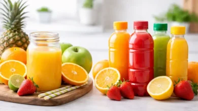 مقارنة بصرية بين عصير طبيعي طازج وفواكه طازجة مقابل عصائر جاهزة معبأة على طاولة مطبخ بإضاءة طبيعية