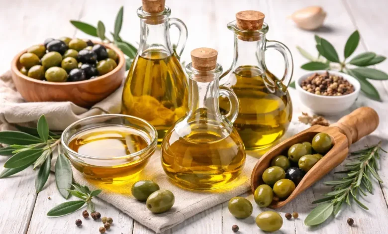 أنواع مختلفة من زيت الزيتون مع زيتون طبيعي على سطح خشبي