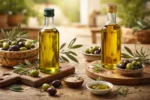مقارنة بصرية بين زيت الزيتون المحلي والمستورد مع حبات الزيتون
