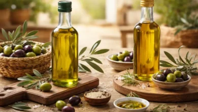 مقارنة بصرية بين زيت الزيتون المحلي والمستورد مع حبات الزيتون