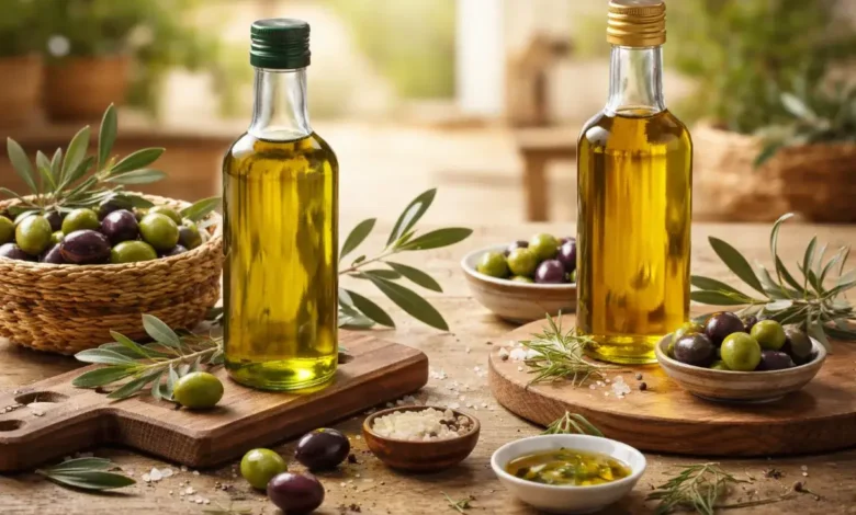 مقارنة بصرية بين زيت الزيتون المحلي والمستورد مع حبات الزيتون