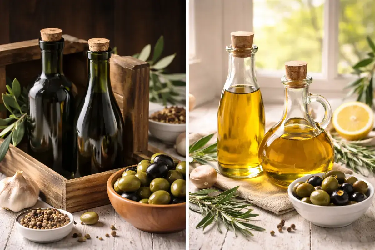 عبوات زيت زيتون في إضاءة مختلفة توضح تأثير الضوء على الزيت