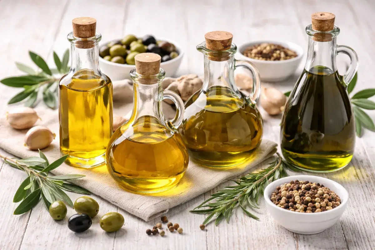 عبوات زيت زيتون بدرجات لون مختلفة مع زيتون طبيعي