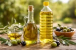زيت زيتون بكر وزيت زيتون مكرر مع ثمار الزيتون على طاولة خشبية