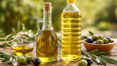 زيت زيتون بكر وزيت زيتون مكرر مع ثمار الزيتون على طاولة خشبية