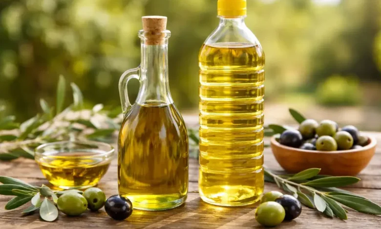 زيت زيتون بكر وزيت زيتون مكرر مع ثمار الزيتون على طاولة خشبية
