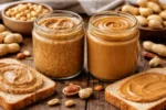 زبدة فول سوداني طبيعية وأخرى معالجة موضوعة جنبًا إلى جنب على طاولة مع شرائح خبز وحبوب فول سوداني