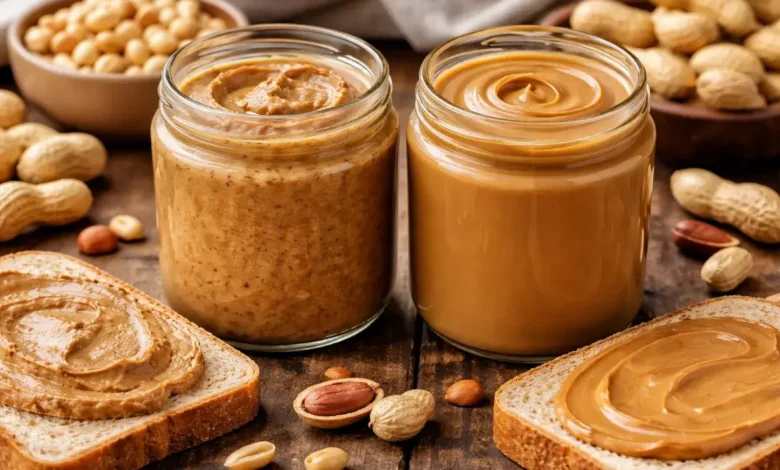 زبدة فول سوداني طبيعية وأخرى معالجة موضوعة جنبًا إلى جنب على طاولة مع شرائح خبز وحبوب فول سوداني