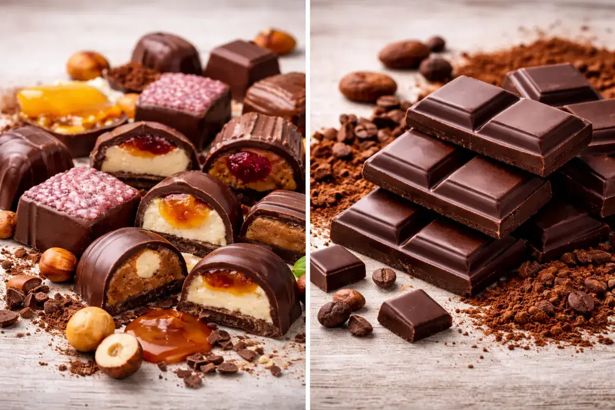 مقارنة بصرية بين الشوكولاتة السادة والشوكولاتة المحشوة من حيث الشكل والقوام