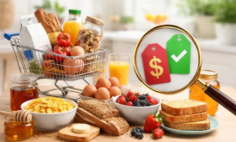 مقارنة بصرية بين منتجات إفطار مختلفة مع التركيز على السعر والجودة