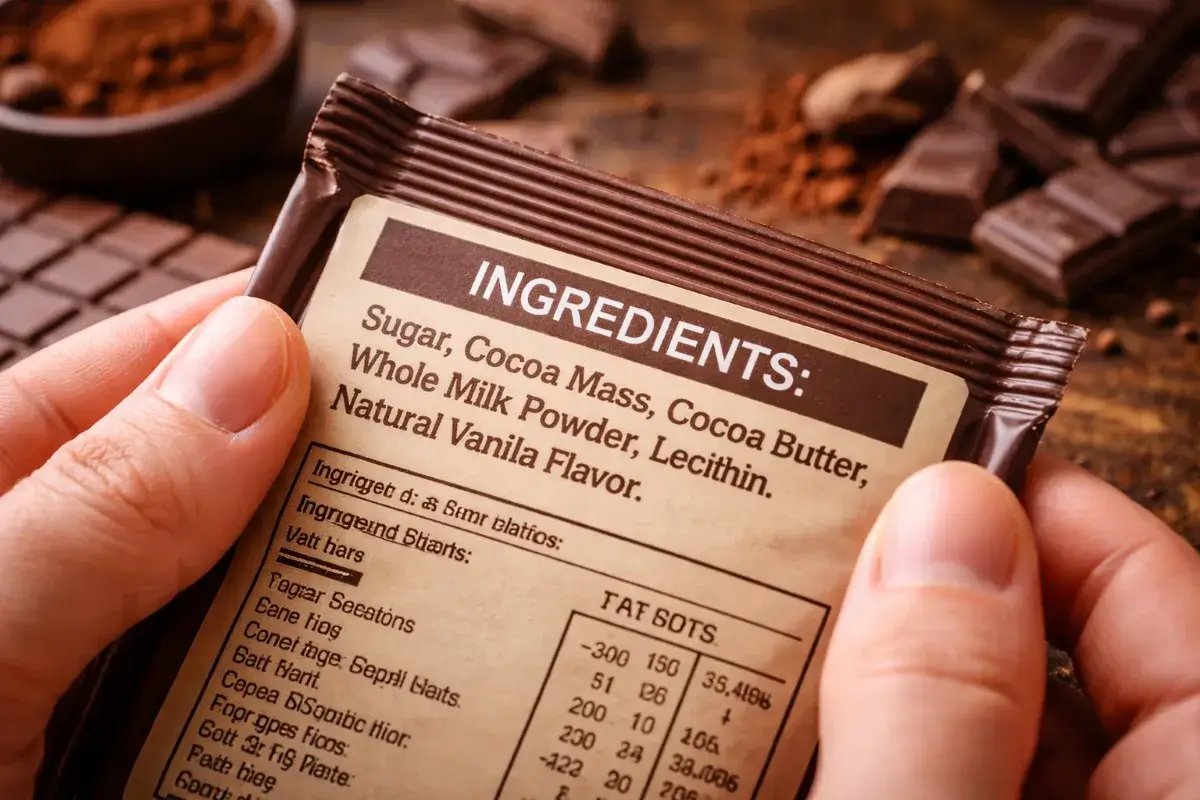 قراءة مكونات الشوكولاتة المكتوبة على العبوة الغذائية