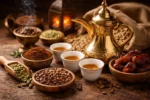 قهوة عربية جاهزة مقدمة في دلة مع فناجين على طاولة تقليدية