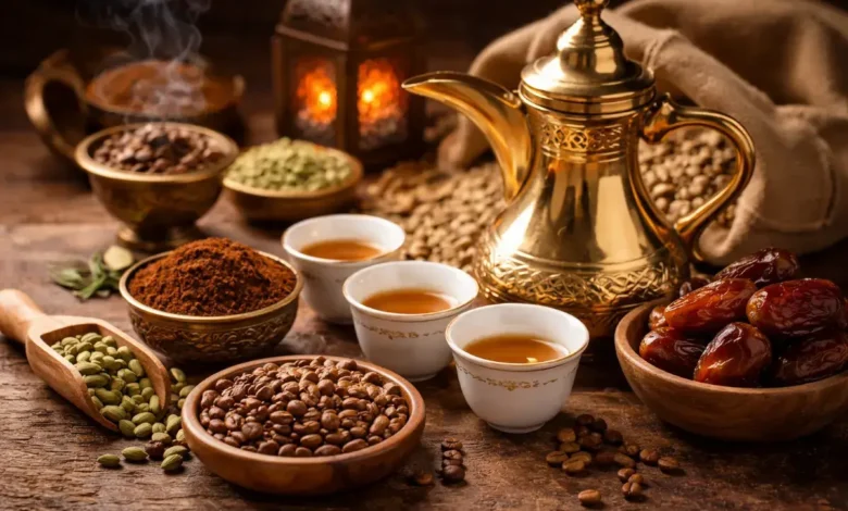 قهوة عربية جاهزة مقدمة في دلة مع فناجين على طاولة تقليدية