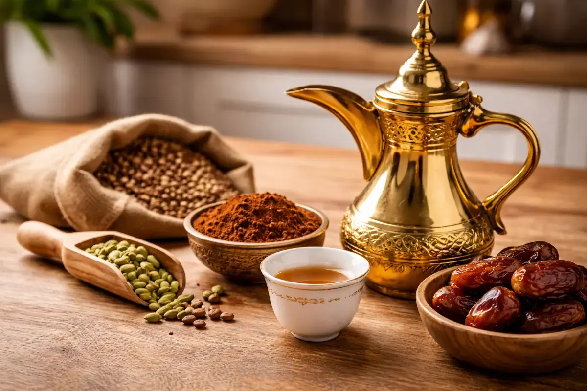 قهوة عربية جاهزة مقدمة في دلة مع فنجان على طاولة منزلية