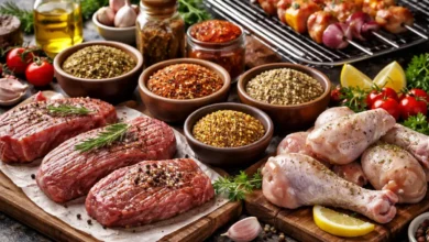 خلطات جاهزة للمشاوي مع لحم ودجاج طازج وتوابل متنوعة على طاولة تحضير
