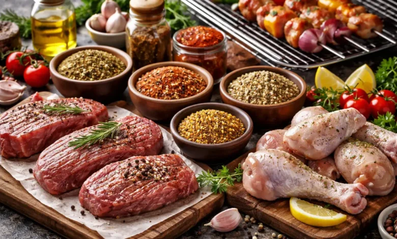 خلطات جاهزة للمشاوي مع لحم ودجاج طازج وتوابل متنوعة على طاولة تحضير