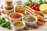خلطات بهارات جاهزة ومكونات طبخ موضوعة على طاولة مطبخ منزلي