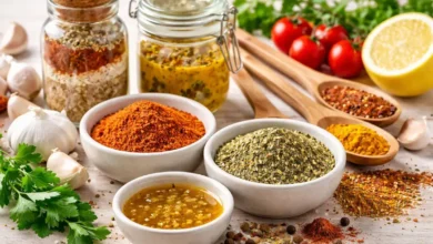 خلطات بهارات جاهزة ومكونات طبخ موضوعة على طاولة مطبخ منزلي