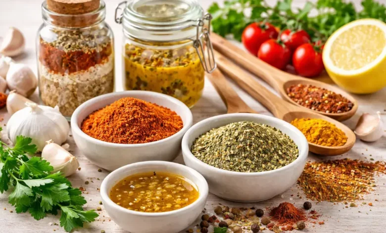 خلطات بهارات جاهزة ومكونات طبخ موضوعة على طاولة مطبخ منزلي