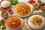 أطباق أرز مطهية بنكهات مختلفة مع توابل مستخدمة في خلطات الأرز الجاهزة للاستخدام اليومي
