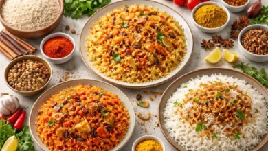 أطباق أرز مطهية بنكهات مختلفة مع توابل مستخدمة في خلطات الأرز الجاهزة للاستخدام اليومي