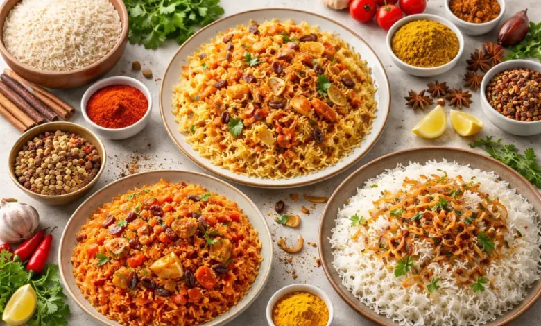 أطباق أرز مطهية بنكهات مختلفة مع توابل مستخدمة في خلطات الأرز الجاهزة للاستخدام اليومي