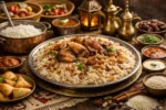 صينية أرز ولائم سعودية مقدمة بكميات كبيرة مع أطباق جانبية تقليدية