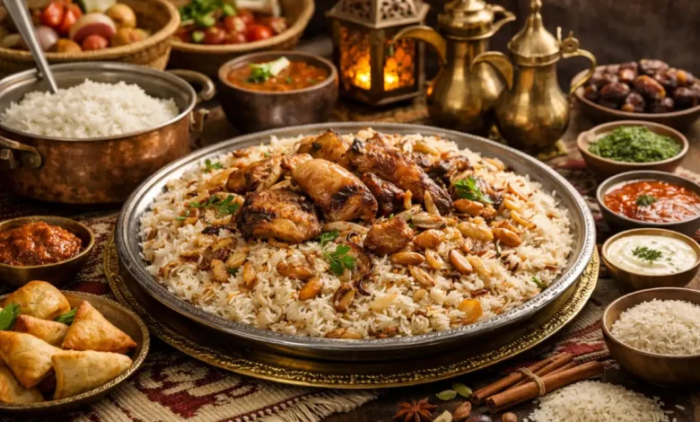 صينية أرز ولائم سعودية مقدمة بكميات كبيرة مع أطباق جانبية تقليدية
