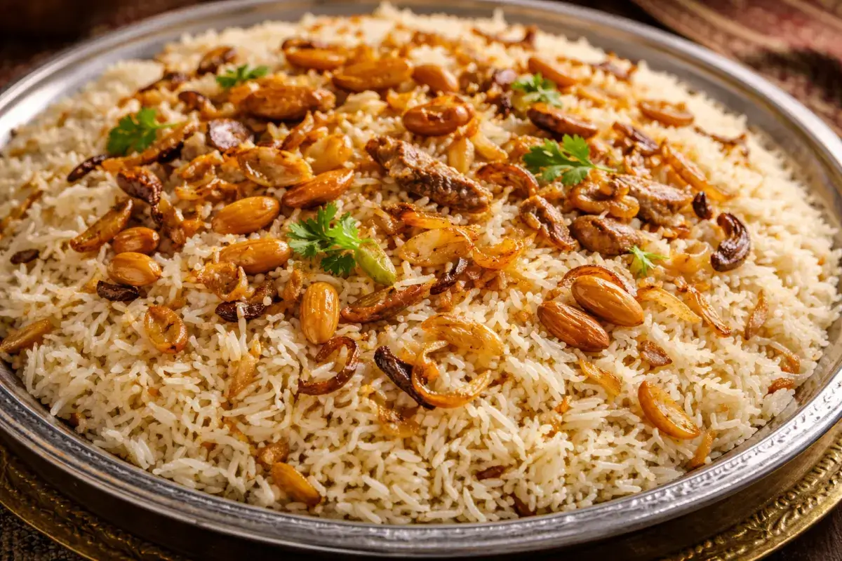 حبات أرز مطبوخة بشكل متناسق وواضح على صينية كبيرة للولائم