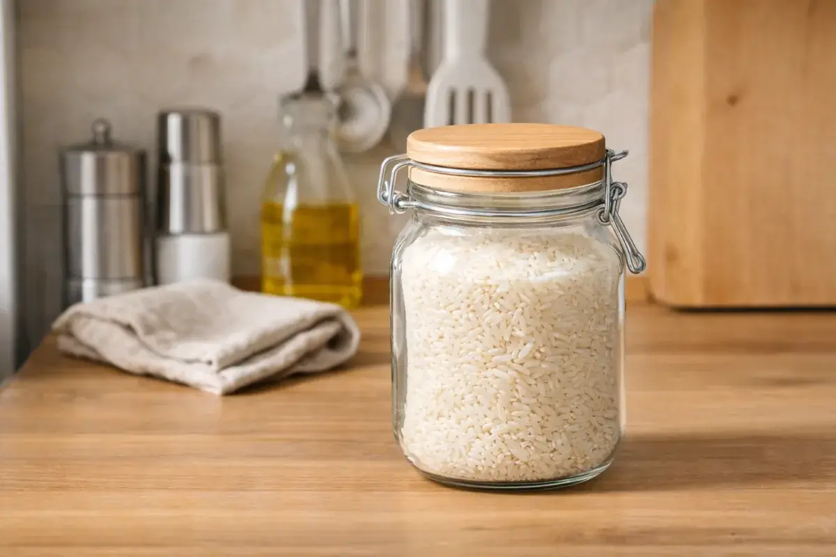 تخزين الأرز في وعاء محكم داخل المطبخ للحفاظ على جودته