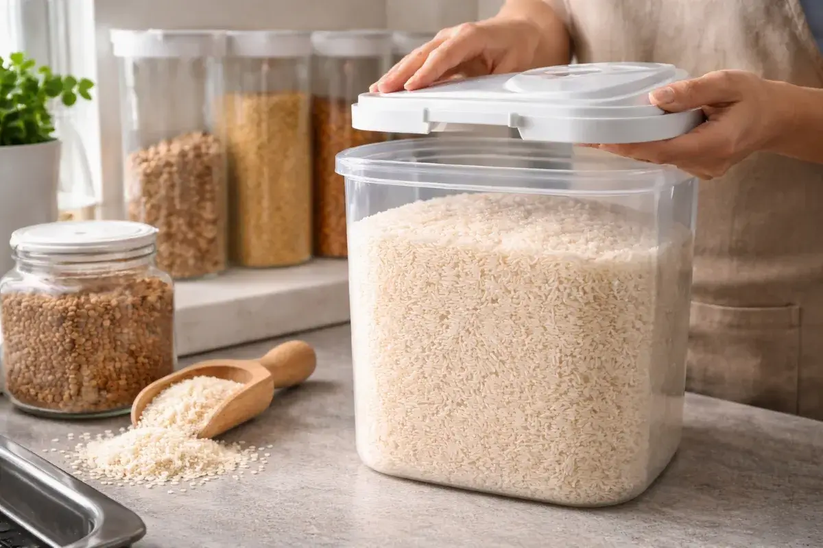 تخزين الأرز في وعاء محكم للحفاظ على جودته مع الوقت