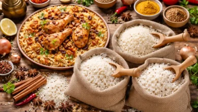 أنواع مختلفة من الأرز المستخدم في الكبسة السعودية مع طبق كبسة تقليدي