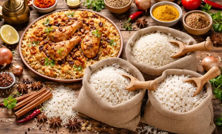 أنواع مختلفة من الأرز المستخدم في الكبسة السعودية مع طبق كبسة تقليدي